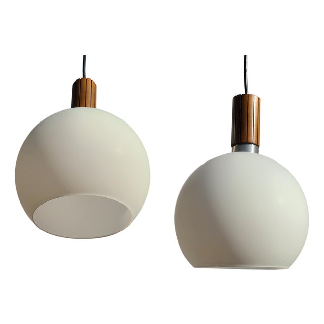 1960s Pair of Large Open Frost Glass Globes With Gruvwood Finials From Light Craft of California For Sale