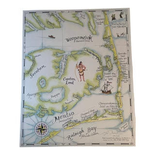 Vintage Outer Banks Illustrated Map Art Print by Jim Mitchem Artist Signed For Sale