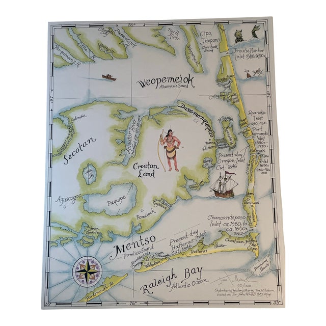 Vintage Outer Banks Illustrated Map Art Print by Jim Mitchem Signed For Sale