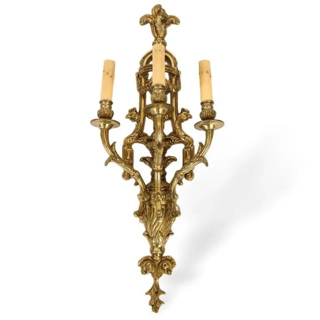 Neoclassical 1910s Neoclassical Style Bronze Three Arm Wall Sconce Lights- A Pair For Sale - Image 3 of 6