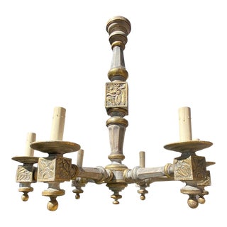 Rustic Spanish Style Carved Wood Chandelier For Sale