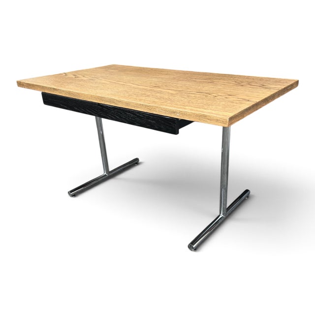 1960s Vintage Mid-Century Modern Oak Writing Desk With Black Drawers & Chrome Base For Sale - Image 5 of 15