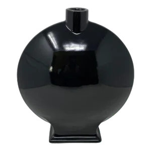 Mid-Century 1950's Marked Ceramic Bright Shine Black Oval Shaped Vase With Rectangular Base - Made in the Usa