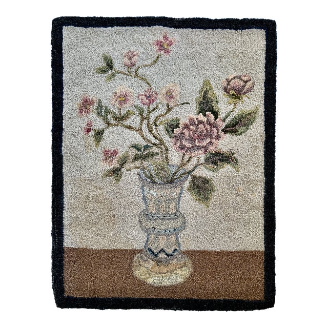 Americana Hand Hooked Rug With Floral Bouquet in Vase Circa 1930 For Sale