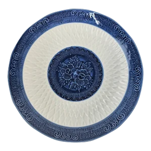 Mid-Century Arita Mansen Cobalt Blue Embossed Porcelain Camellia Platter, Japan
