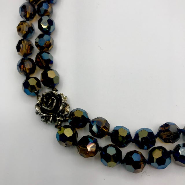 Mid-Century Modern 1950s Signed Vogue Chocolate Brown Aurora Borealis Double-Strand Necklace With Rose Clasp For Sale - Image 3 of 6
