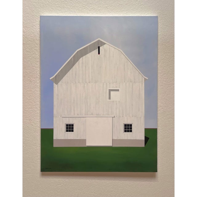"El Guapo" is an acrylic on canvas landscape painting by Justin Wheatley, completed in 2025. A cream-white barn stands...