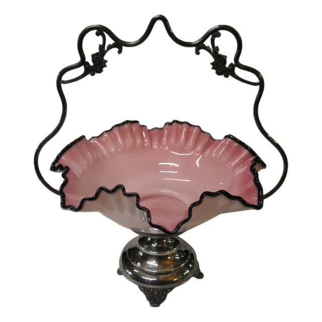 19th Century Bride's Basket Cased Pink Glass in Silverplate For Sale