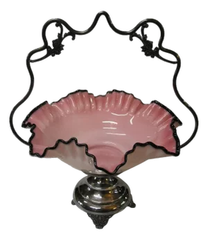 19th Century Bride's Basket Cased Pink Glass in Silverplate