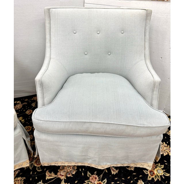Late 20th Century Pair of Custom Light Blue Linen Skirted Slipper Chairs For Sale - Image 5 of 8