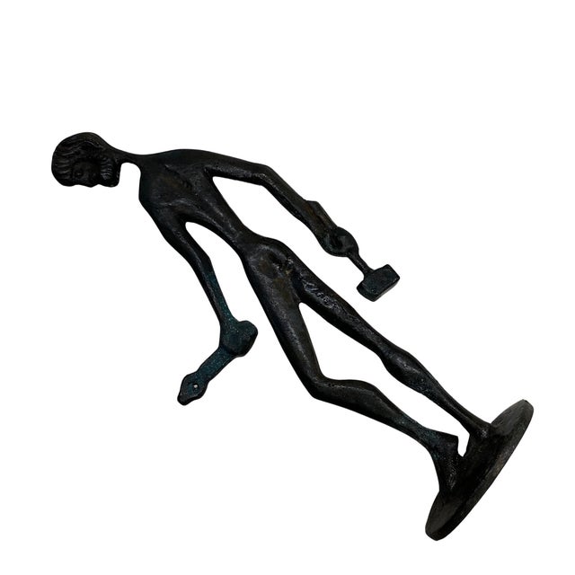 Vintage Modernist Bronze Figure Holding Hammer Sculpture For Sale - Image 4 of 4