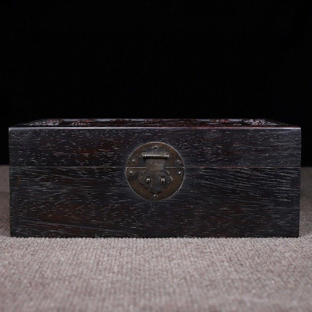 Vintage Chinese Carved Hardwood "Hundred Blessings" Box With Brass Latch - Scholar's Box For Sale - Image 4 of 9