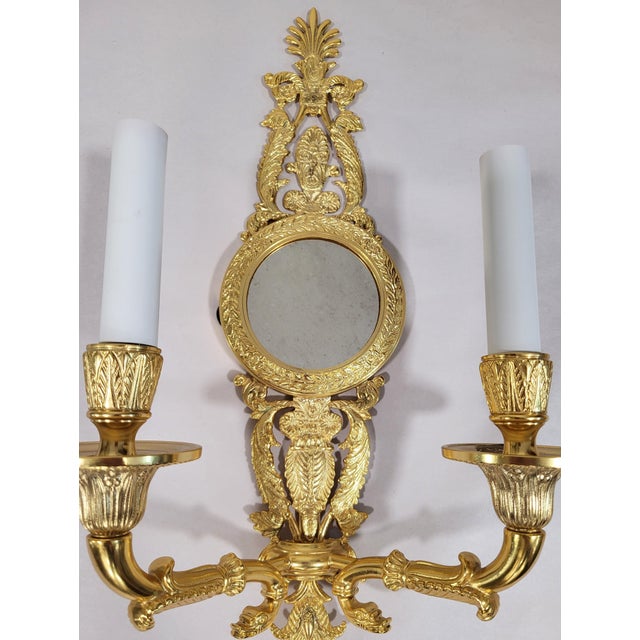 Late 20th Century French Neoclassical Empire Style Gilt Bronze Two Light Wall Sconces W. Mirrors - a Pair For Sale - Image 9 of 17
