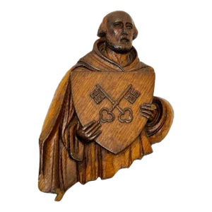 19th Century Religious Saint Holding Shield Crossed Keys of Heaven Wall Sculpture