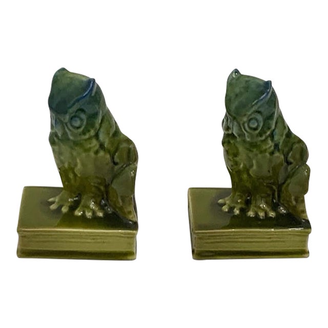 Antique Rookwood Pottery #2655 Owl Bookends Blue-Green High Glaze Made in Usa 1927 For Sale