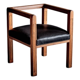Art Deco Armchair in Oak with Upholstered Black Leather, France, 1920s For Sale