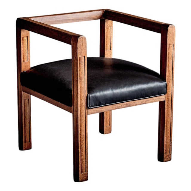Art Deco Armchair in Oak with Upholstered Black Leather, France, 1920s For Sale