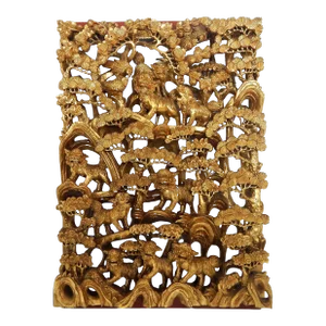 Antique Chinese Gilded Carved Wood Panel Featuring Foo Dogs