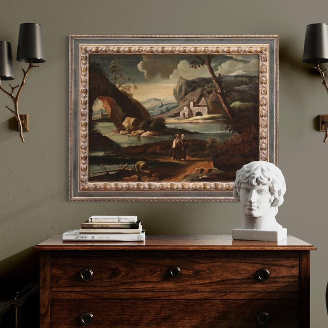 Italian Artist, Landscape with Characters, 1750, Oil Painting on Canvas, Framed For Sale - Image 11 of 14