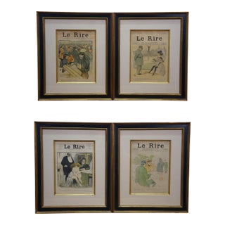 4 Antique Le Rire French Belle Epoque Satirical Comic Journal Framed Art 20" For Sale