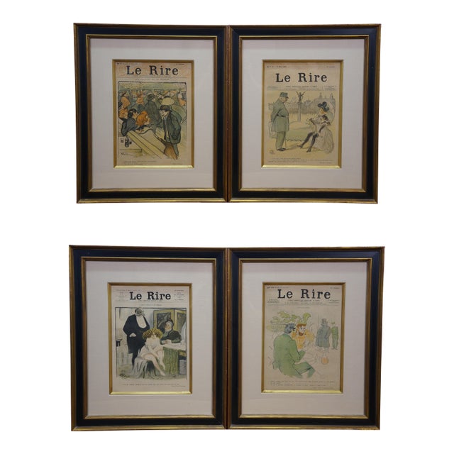 4 Antique Le Rire French Belle Epoque Satirical Comic Journal Framed Art 20" For Sale