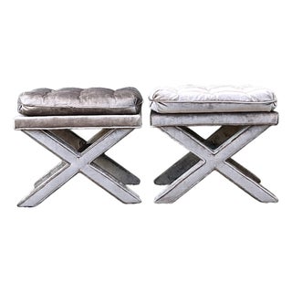 Vintage Tufted Velvet X Benches - A Pair For Sale
