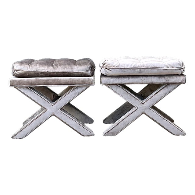 Vintage Tufted Velvet X Benches - A Pair For Sale