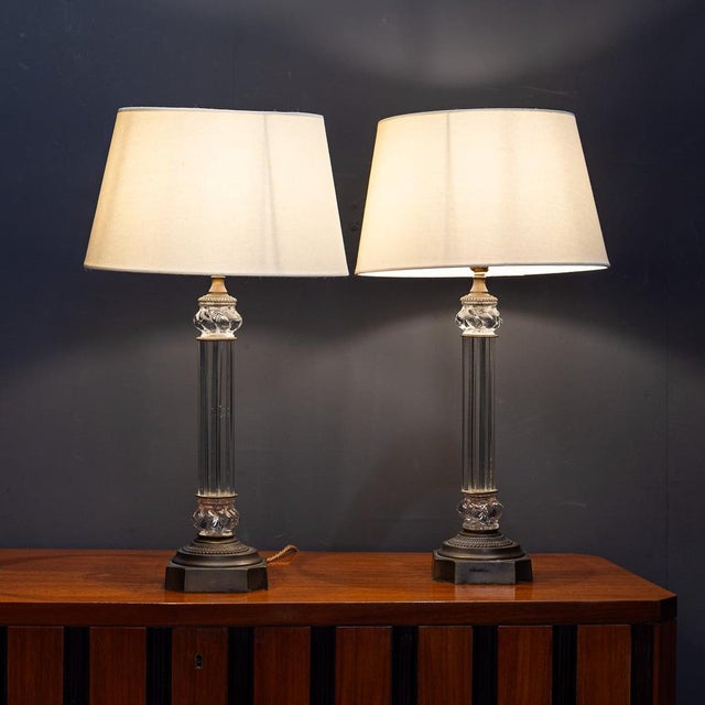 French Column Crystal and Bronze Table Lamps, 1979, Set of 2 For Sale - Image 10 of 13