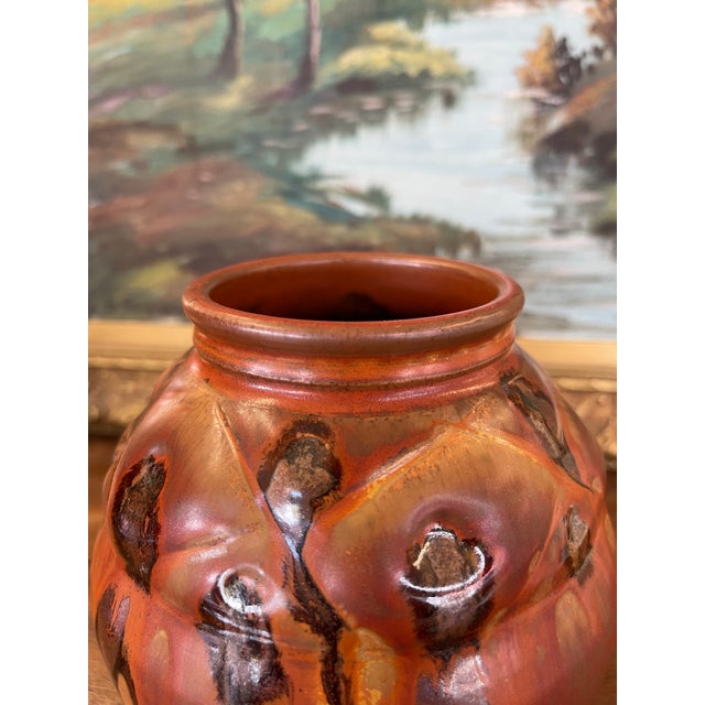 Vintage Studio Pottery Vase With Carved Abstract Glaze Accents in Burnt Umber and Ochre Tones For Sale In Seattle - Image 6 of 10