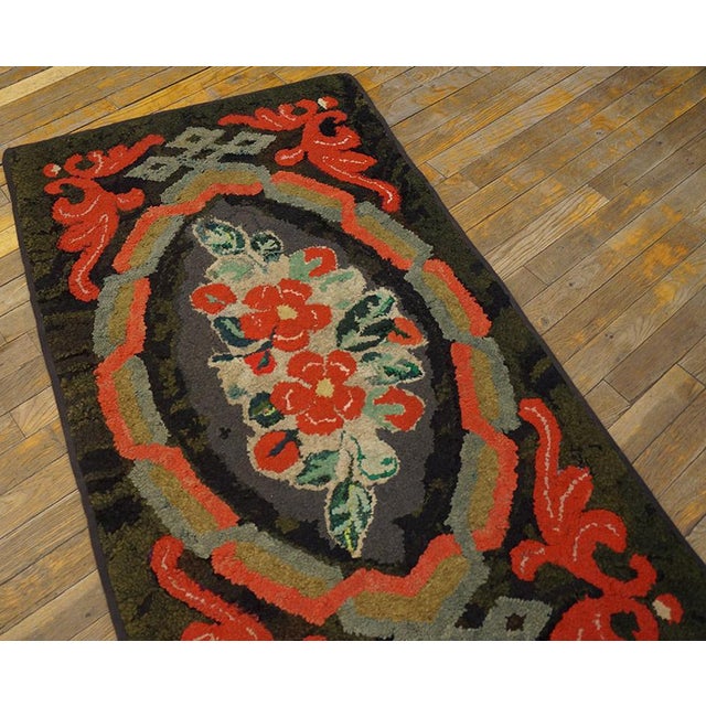 American 1920s Brown Floral Folk Art Antique American Hooked Rug 2'5" X 4'2" Handknotted Wool Carpet For Sale - Image 3 of 4