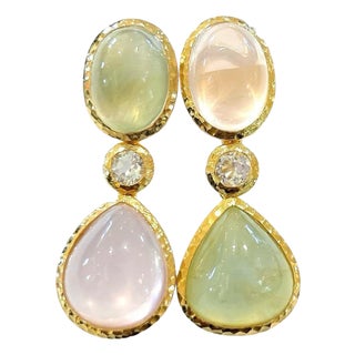 Bochic "Capri" Rose Quartz & Multi Gem Italian Earrings Set 18K Gold & Silver For Sale