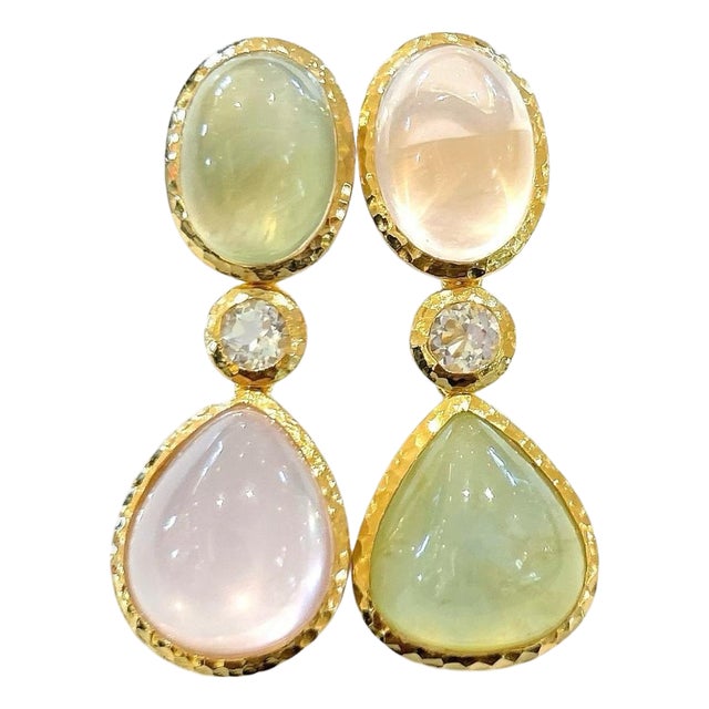 Bochic "Capri" Rose Quartz & Multi Gem Italian Earrings Set 18K Gold & Silver For Sale