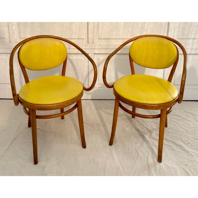 Thonet Pair of 1970s Thonet Bentwood Armchairs With Yellow Vinyl Seats For Sale - Image 4 of 18