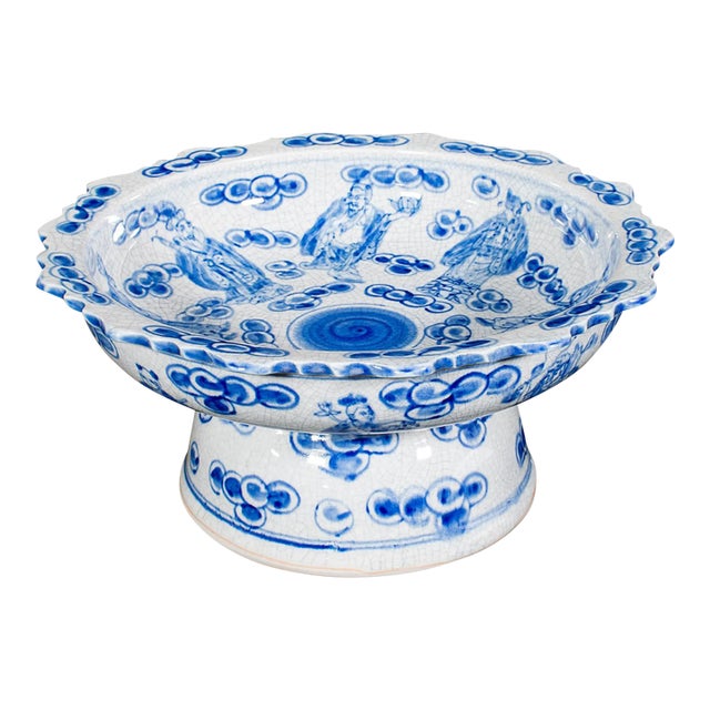 Vintage Footed Serving Bowl, Chinese, Ceramic, Fruit, Bonbon Dish, Mid Century For Sale