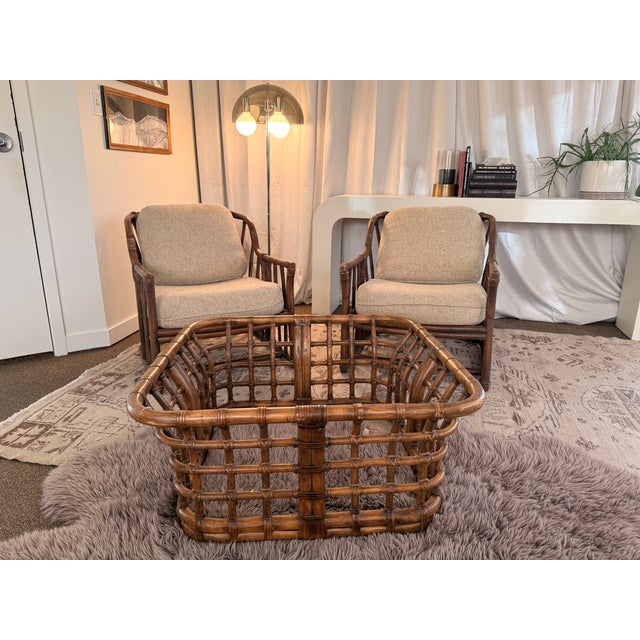 Boho Chic 1960s Set of MCM Ficks Reed Lounge Chairs and Coffee Table - Rattan Reed Bamboo Boho Coastal For Sale - Image 3 of 16