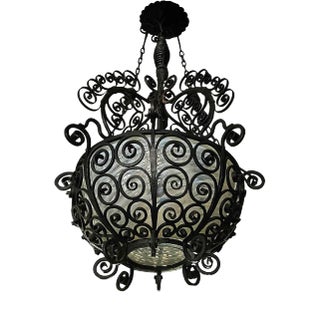 Hanging Lantern - Wrought Iron With Opalescent Art Glass Shade For Sale