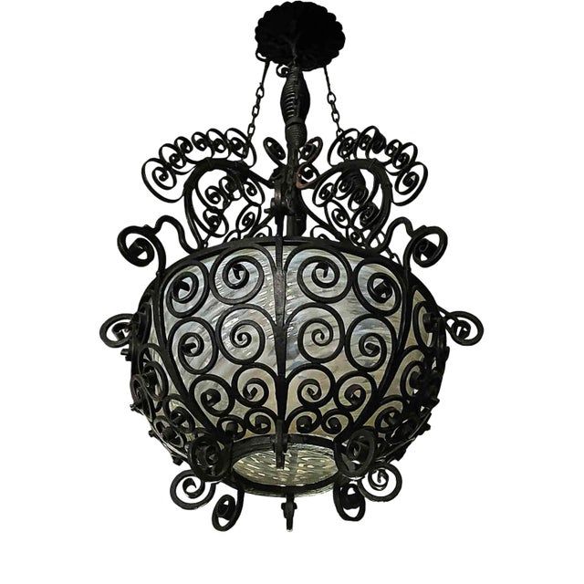 Hanging Lantern - Wrought Iron With Opalescent Art Glass Shade For Sale
