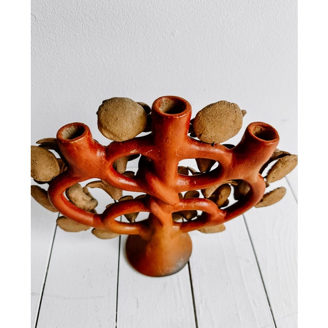 Late 20th Century Vintage Red Clay Mexican Tree of Life Candelabra For Sale - Image 5 of 11