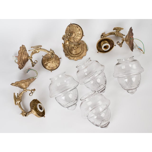 Brass 1950s Spanish Empire Cast Brass Dragon Sconces With Cut-Glass Acorn Shades - Set of 4 For Sale - Image 8 of 12