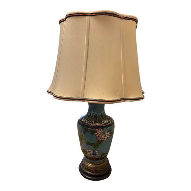 Vintage Hong Kong Cloisonné Enamel Bird & Floral Table Lamp With Shade For Sale