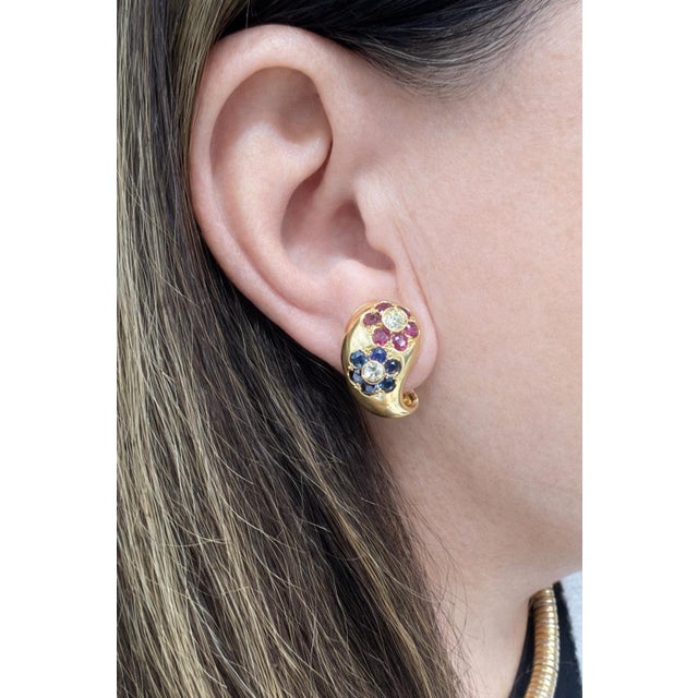 Vintage 18K Gold Floral Huggie Earrings with Sapphires, Rubies & Diamonds For Sale - Image 11 of 11