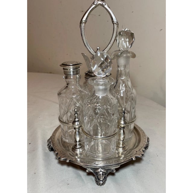Victorian Antique 1800's Ornate Cut Crystal Silver Plate Figural Cruet Condiment Set Caddy For Sale - Image 3 of 16