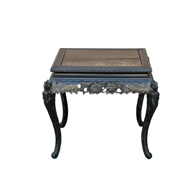 Vintage Chinese Black Relief Floral Carving Apron Claw Legs Side Console Table For Sale - Image 4 of 12