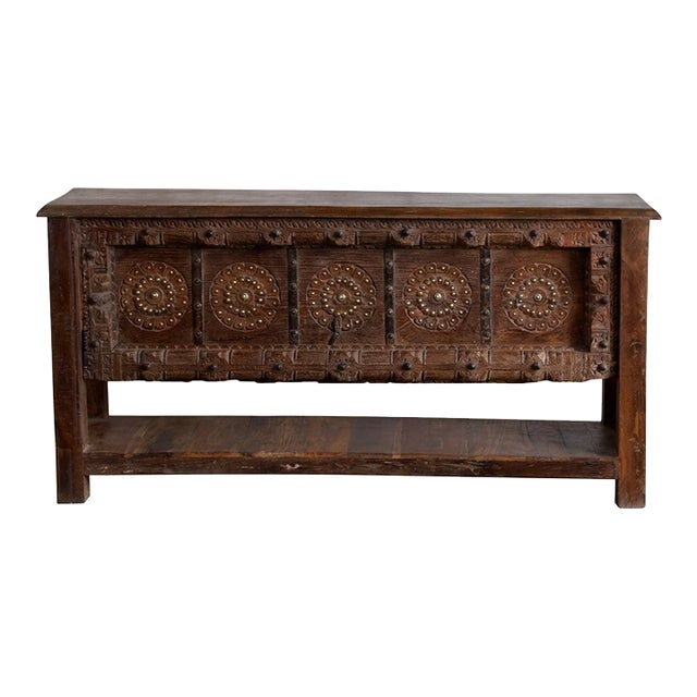 Antique Indian Carved Console Table With Floral Motifs & Brass Stud Detailing – Rustic Entryway Accent 63 For Sale