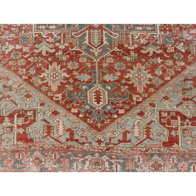 Blue Early 20th Century Antique Heriz Rug With All-Over Medallion Design in Red, Blue, Pink, Tan & Brown For Sale - Image 8 of 13