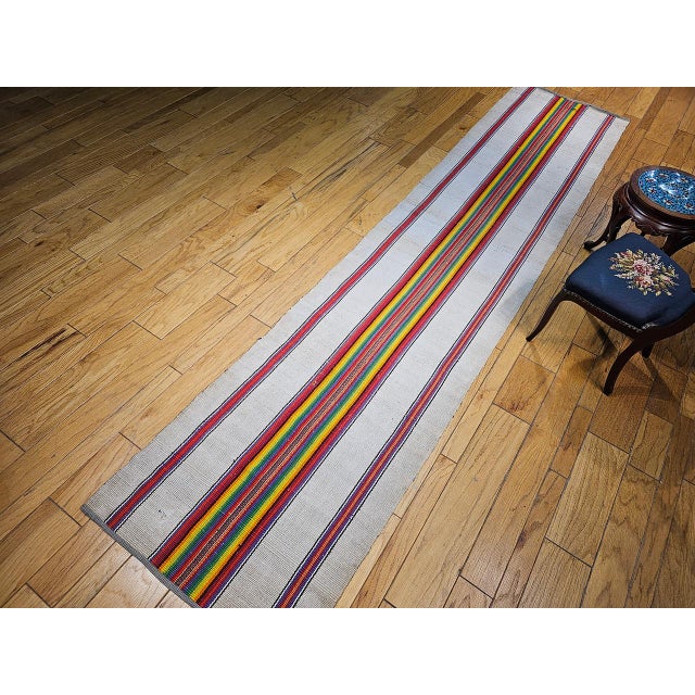 Vintage American Rag Runner, Handwoven Wool & Cotton, Stripe Pattern, 3x14 For Sale - Image 13 of 14
