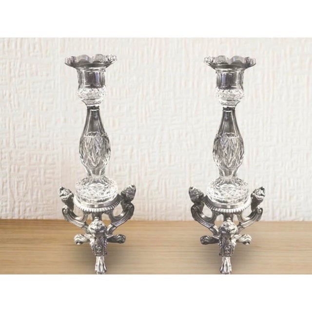 1940’s-1970’s Hollywood Regency Vintage Crystal Bowl W/Stand & Vintage Pairpoint Silverplate Crystal Candlesticks Cherub Claw Foot For Sale In San Diego - Image 6 of 9