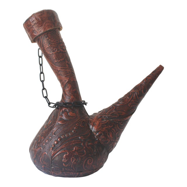 1970s Vintage Spanish Tooled Leather Porron Wine or Liquor Decanter For Sale