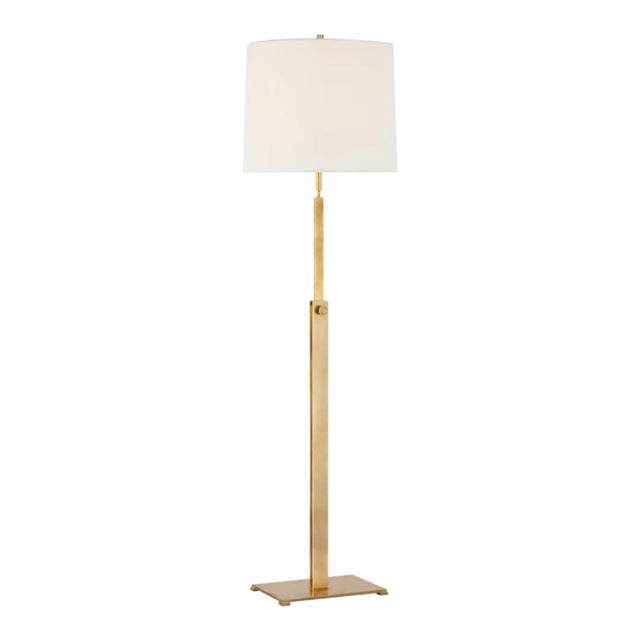 Ray Booth for Visual Comfort Signature Cadmus Medium Adjustable Floor Lamp in Antique Brass with Linen Shade For Sale