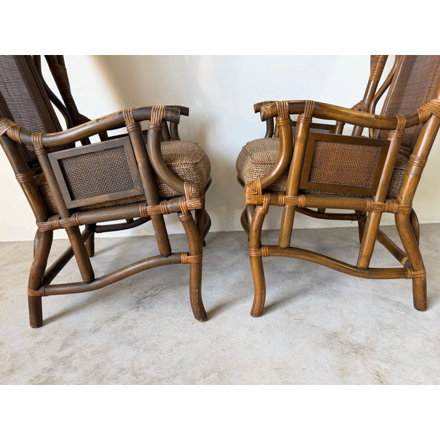 Vintage Bent Rattan & Wicker High Back Chippendale Style Arm Chairs - A Pair For Sale - Image 11 of 18